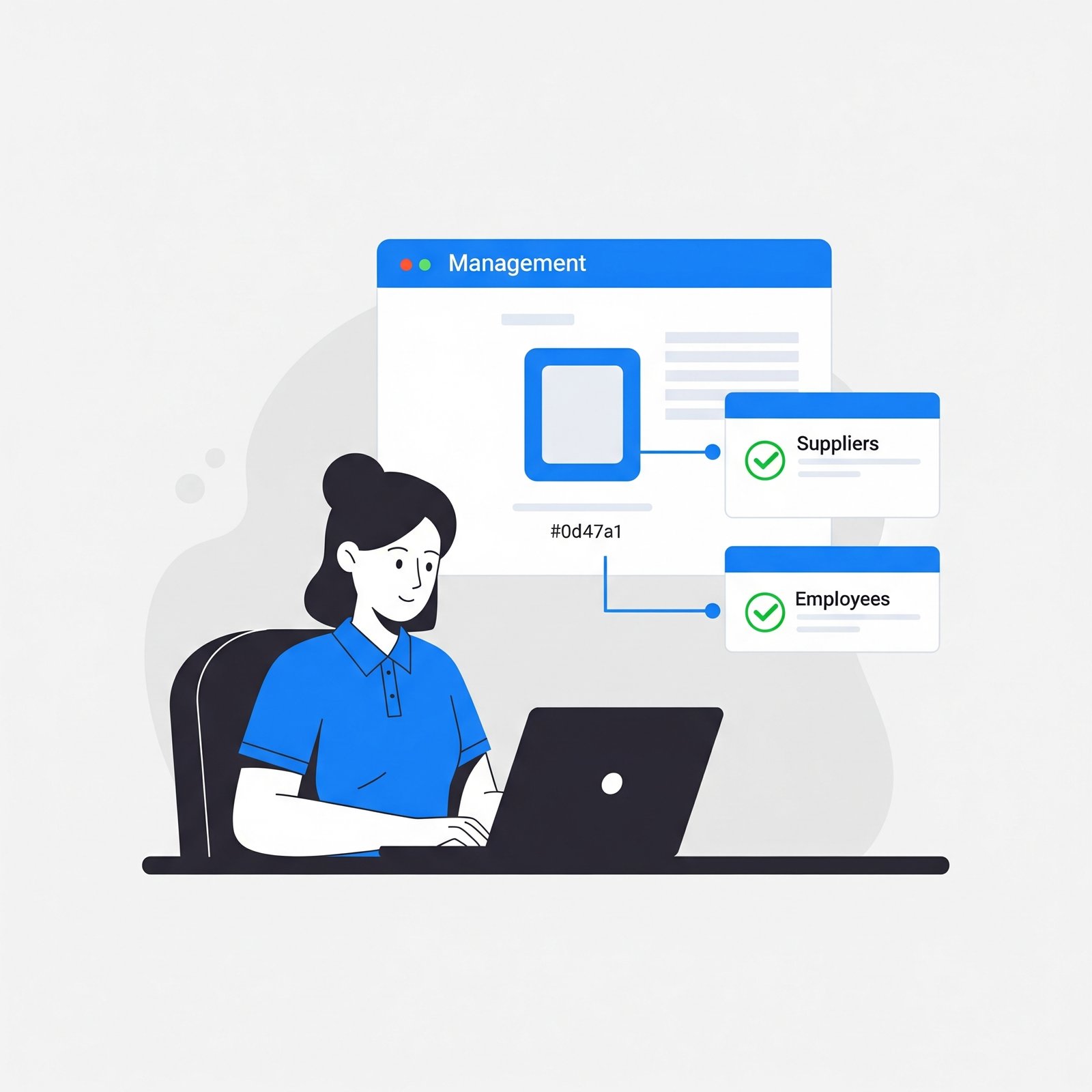 Ilustración de una gerente usando la plataforma Asetlix